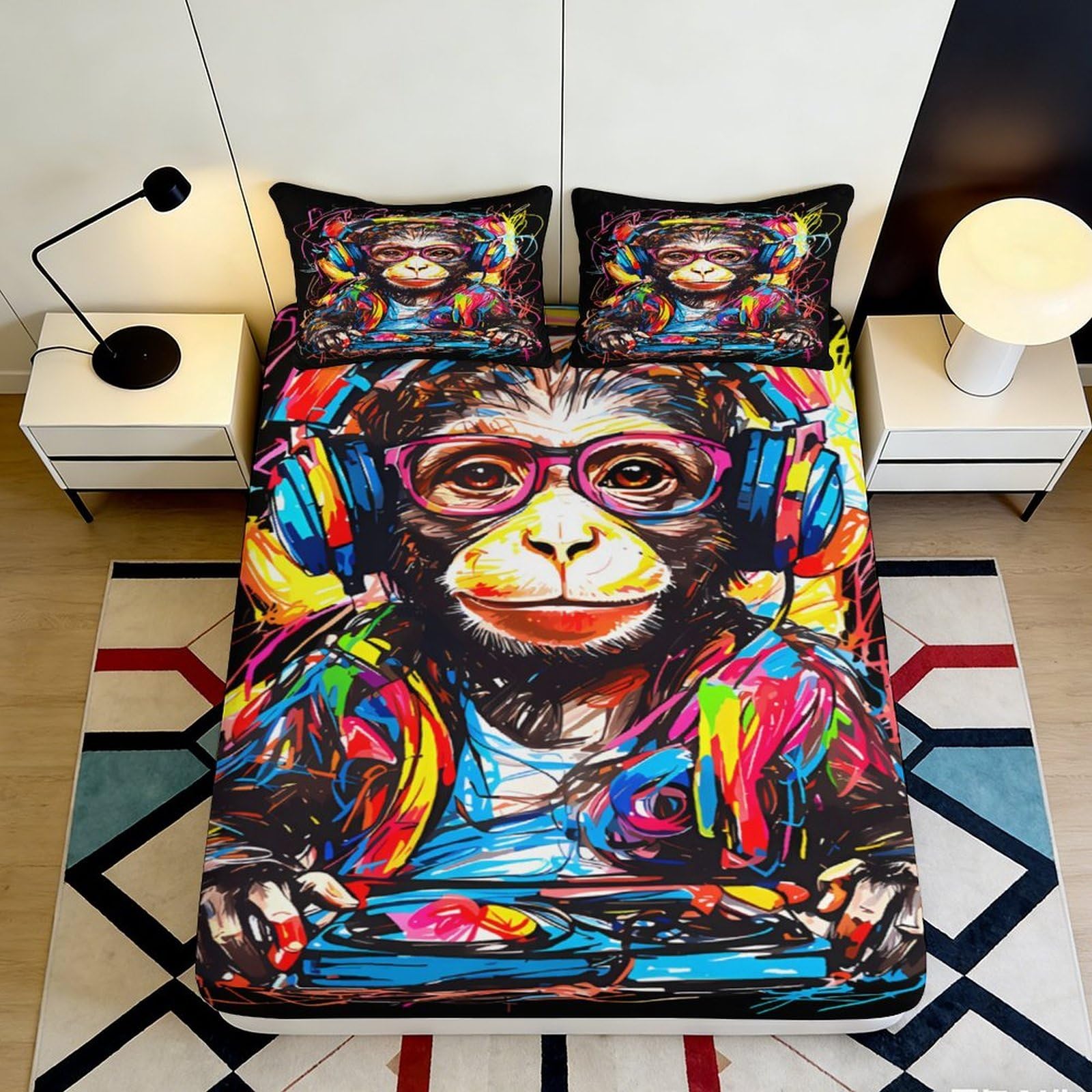 3D Printed Graffiti Headphone Monkey Fitted Sheet Microfiber Soft Anti-Slip Mattress Cover for Bedroom Guest Room Dorm Decor, Easy Care 200x200x25cm