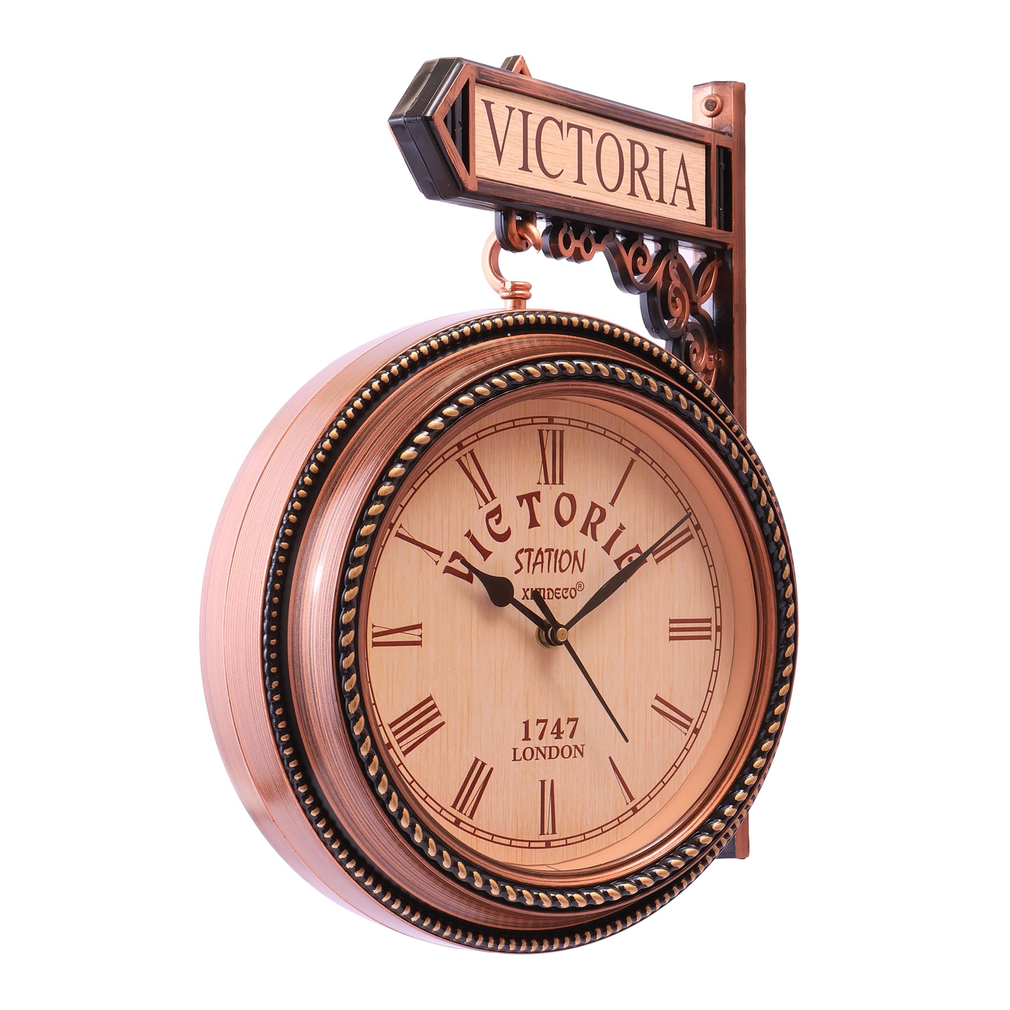 Ximdeco® Golden Plastic Wooden Pattern Replica Dual Side Victoria Station Analog Wall Clock Hanging Style Platform Railway Clock Home Decor (Copper) (Length 33 cm, Width 10 cm)