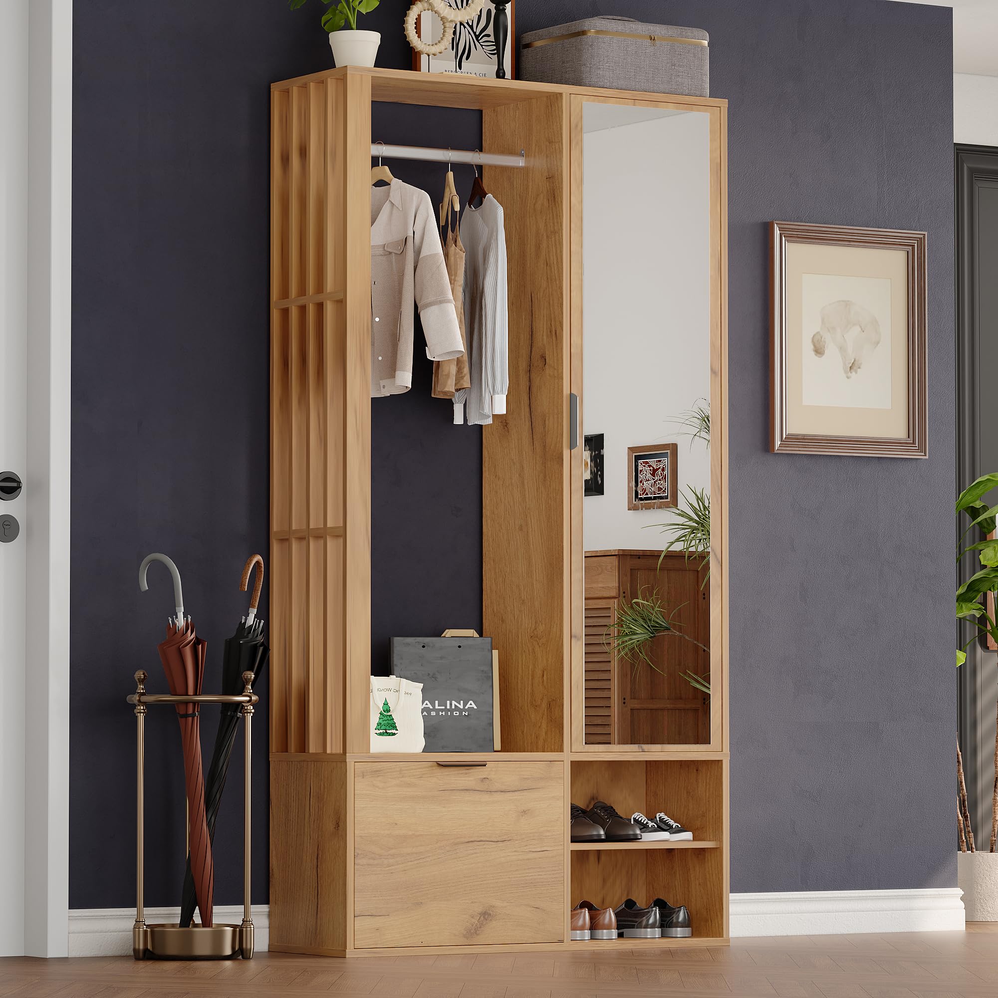 Meuble d'Entrée avec Banc,6-in-1,Porte-Manteaux,Miroir,Vestiaire,Tringle à Vêtements,2 Portes,3 Etagères de Rangement,2 EtagèRes Pour Chaussures Couloir