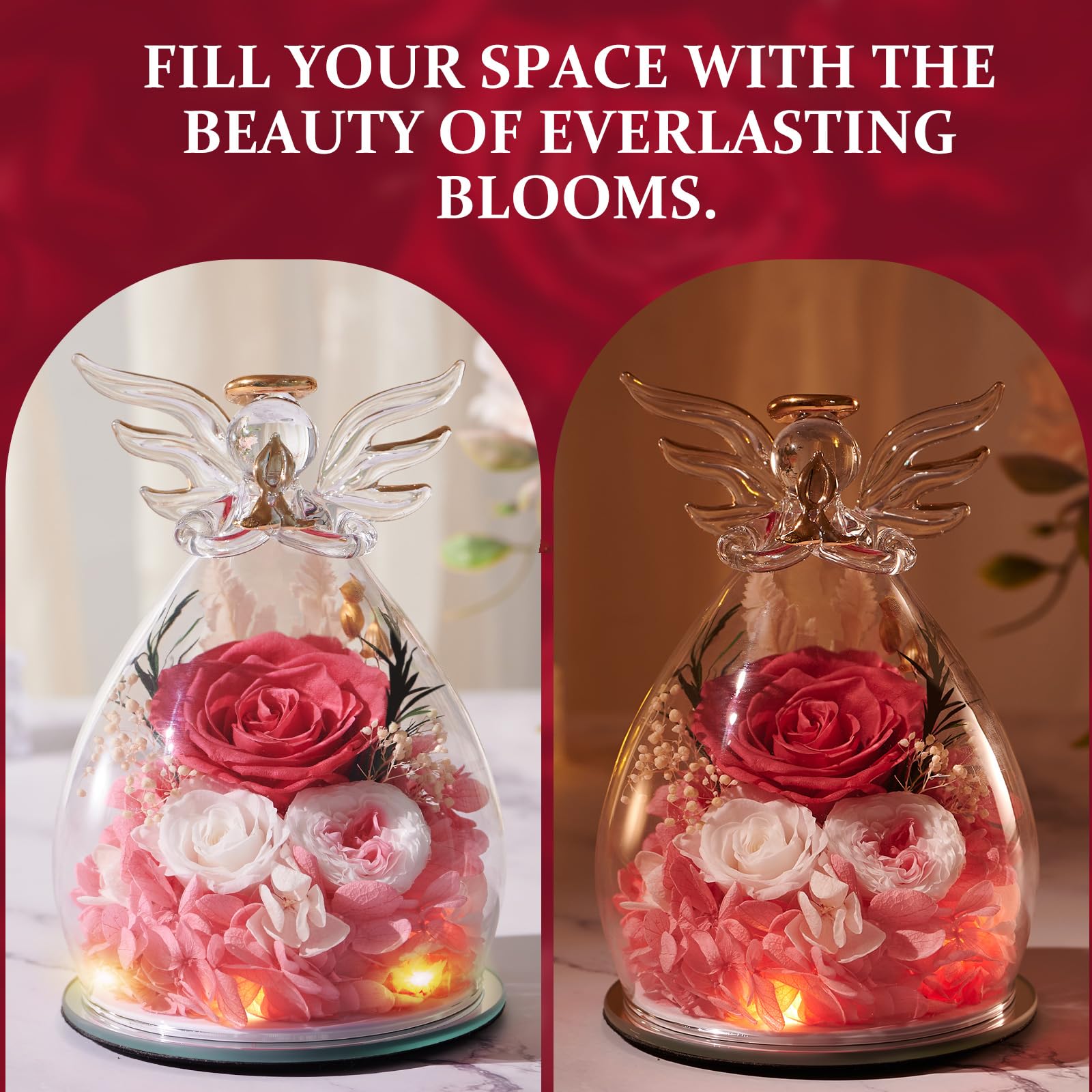 Touloube Festa della Mamma Rosa Stabilizzata Vera Regalo, Regalo Rosa Eterna con Angelo e Luci LED, Regalo Compleanno Anniversario San Valentino per Fidanzata, Moglie, Mamma, Donna, Madre, Nonna