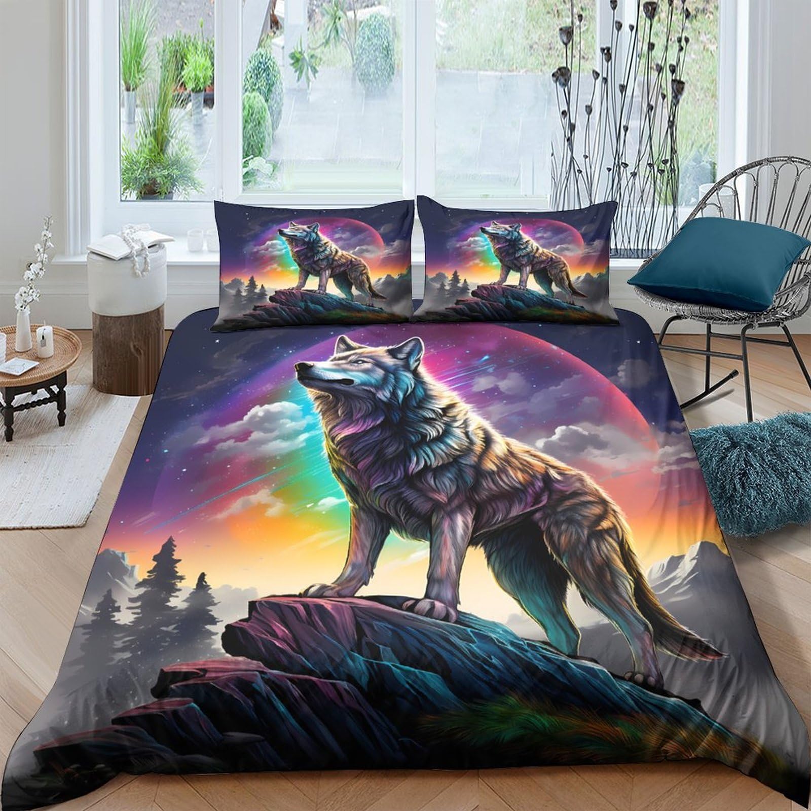 Ctjqhvkz Style-8 3D Printed Wolf Sunset Fitted Sheet Microfiber Soft Breathable Aurora Forest Mattress Cover For Bedroom Decor Single（135X200cm）