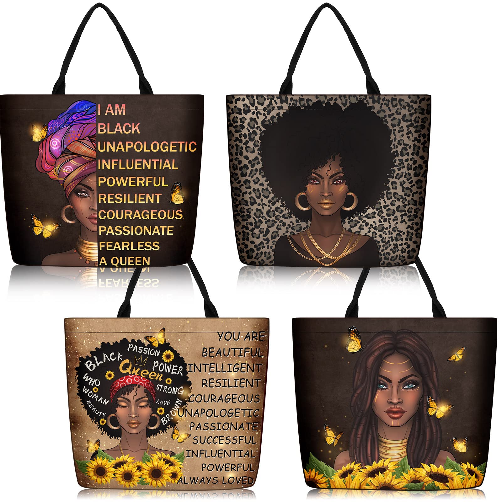 Silkfly 4 Pack African American Tote Bags for Black Women Shoulder Bag Afro Black Girl Large Satchel Handbags Work Travel(Stylish Style)