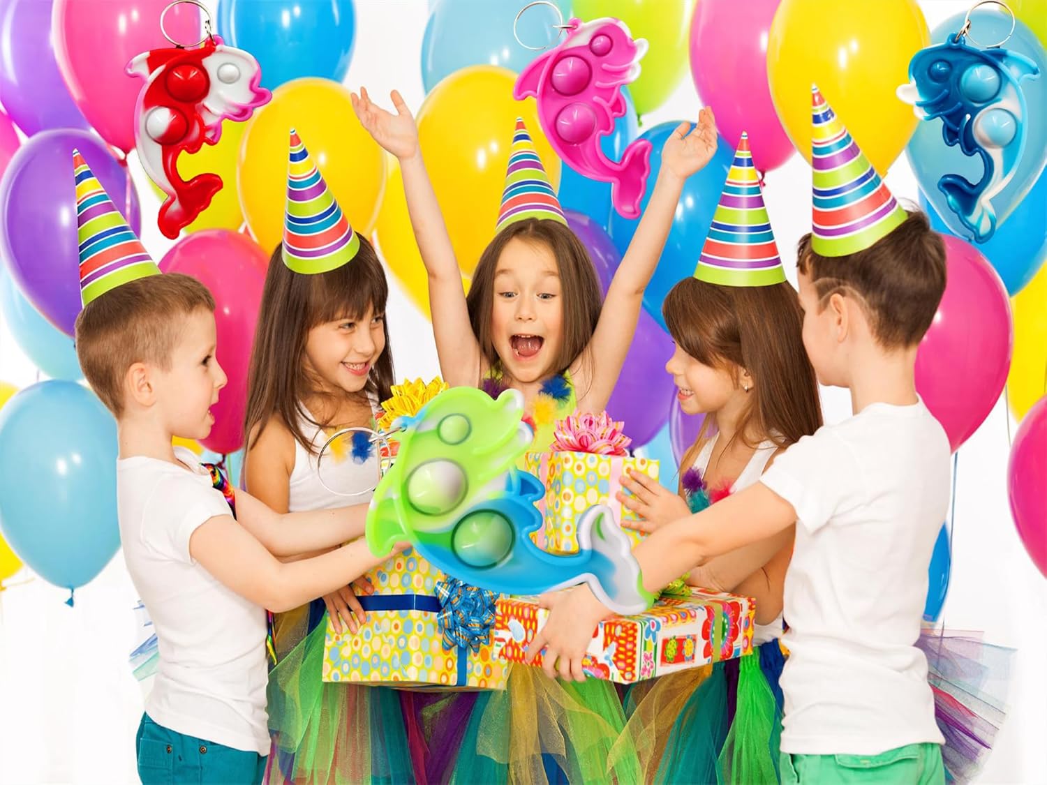 100 Packs Bulk Dolphin Fidget Bubble Mini Pop key chain， for Adult and Kids,Birthday Party Favors Supplies gifts Classroom summer Students Bubble Prize