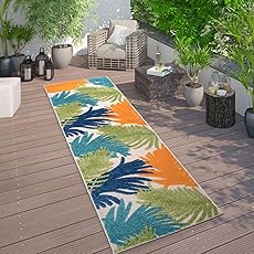 Gertmenian Indoor/Outdoor Kona Coast by Reyn Spooner Runner Rug - 2x6 Runner, Stain & UV Resistant, Ideal for Deck, Patio, Poolside Rooms - Palm Leaves, Teal Green Tan, 46677