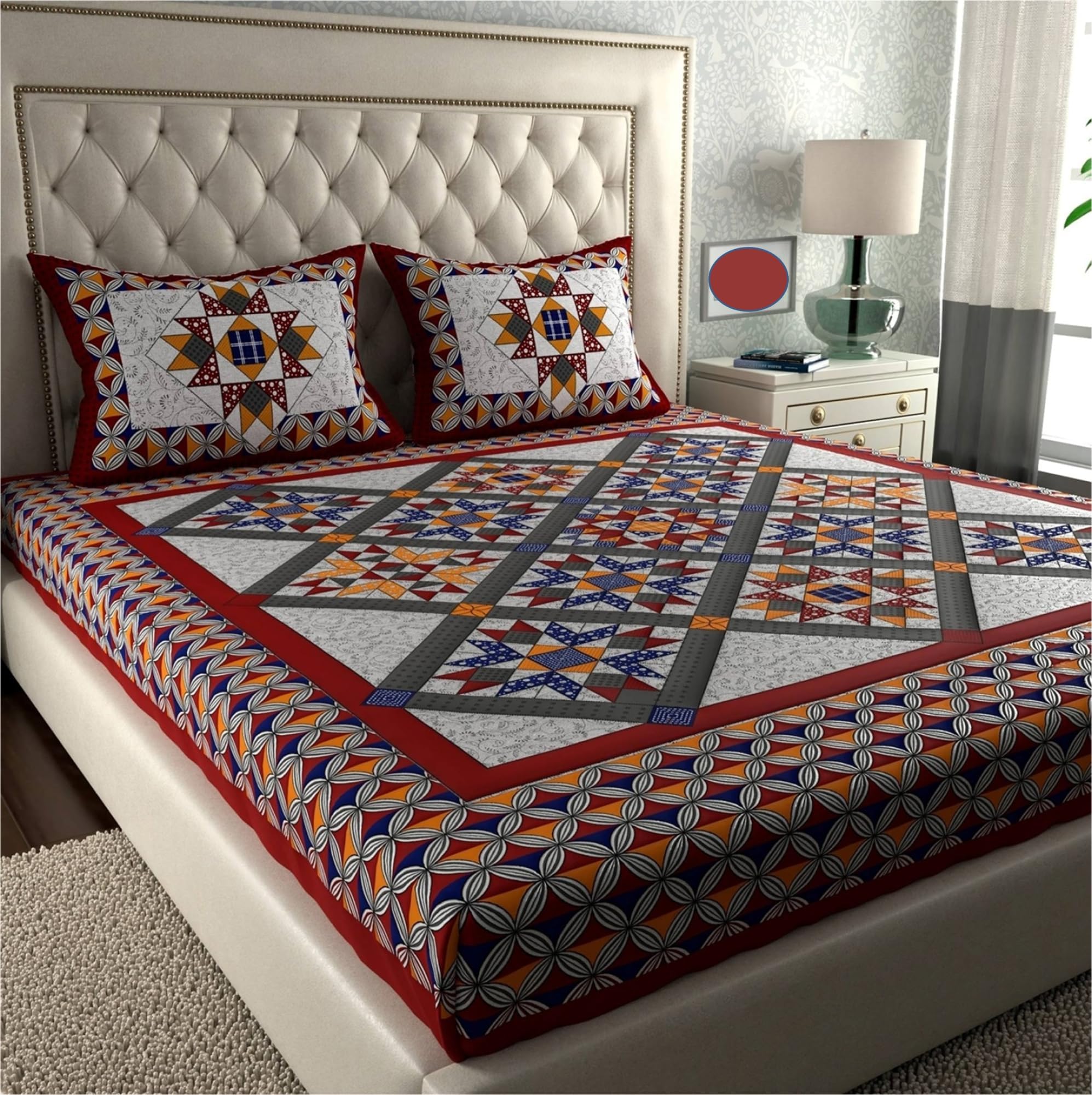 Rajasthani Jaipuri Sanganeri Print 144 TC 100% Pure Cotton BedSheet Set for Double Bed King Size,Geometric Pattern, Double Bedsheet Cotton with 2 Pillow Covers (Red, King)