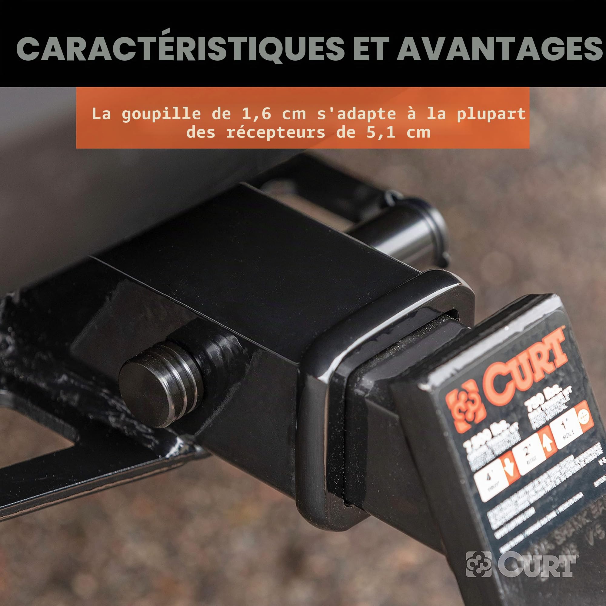 Curt 23518 Verrou d'attelage de remorque Noir, diamètre de Broche de 1,6 cm, Compatible avec récepteur de 5,1 cm