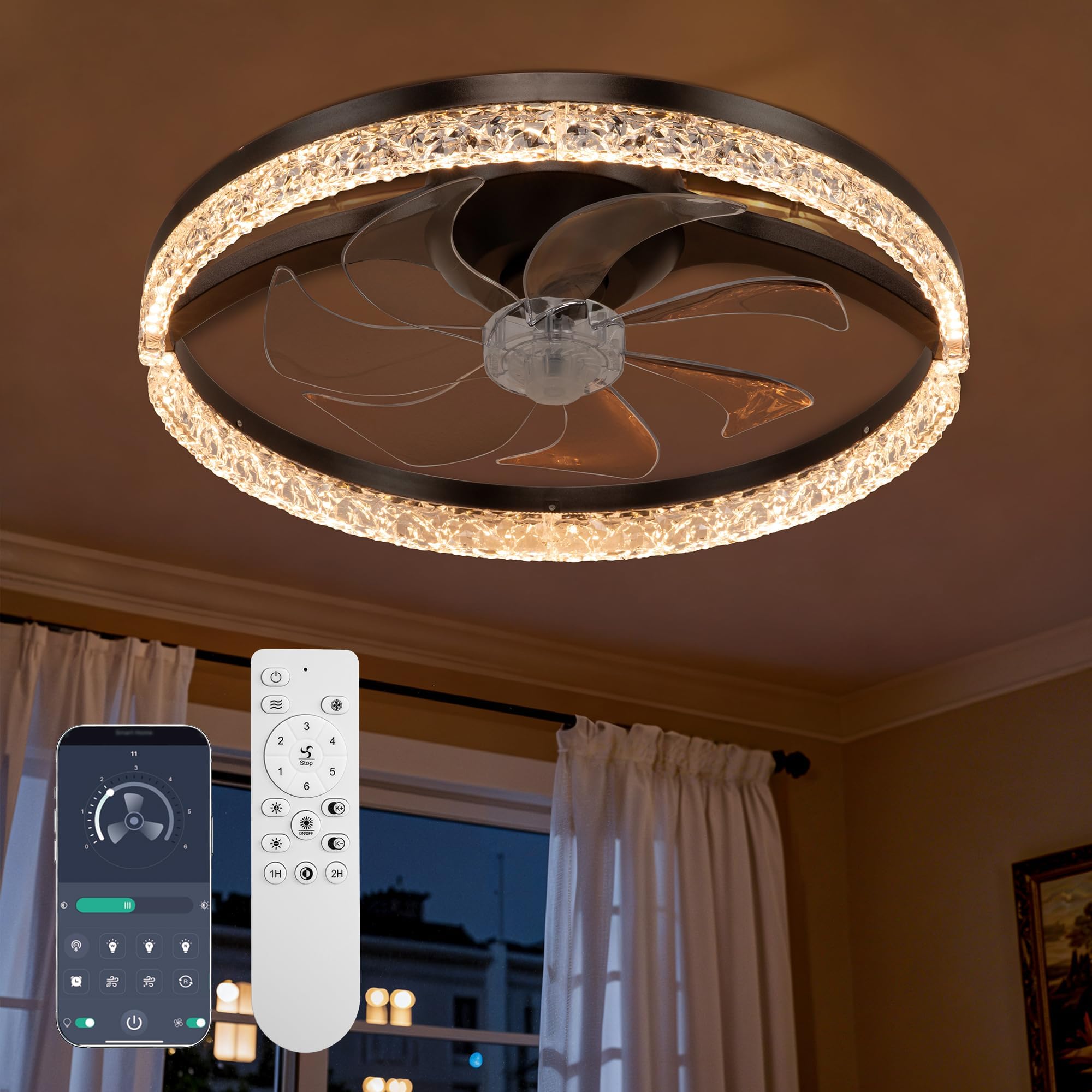Ceiling Fans with Lights and Remote, 19" Flush Mount Low Profile Ceiling Fan, 3-Color Dimmable LED Fandelier, 6-Speed Reversible Ceiling Fan for Living Room, Bedroom & Kids Room (F001, Black)