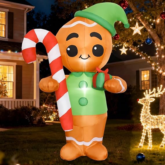 6FT H Lovely Christmas Inflatable Gingerbread Man with Candy Cane and Gift Box, Blow up Gingerbread Man, Christmas Inflatables Gingerbread with Bulid-in LEDs for Indoor Outdoor Decoration