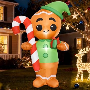 6FT H Lovely Christmas Inflatable Gingerbread Man with Candy Cane and Gift Box, Blow up Gingerbread Man, Christmas Inflatables Gingerbread with Bulid-in LEDs for Indoor Outdoor Decoration