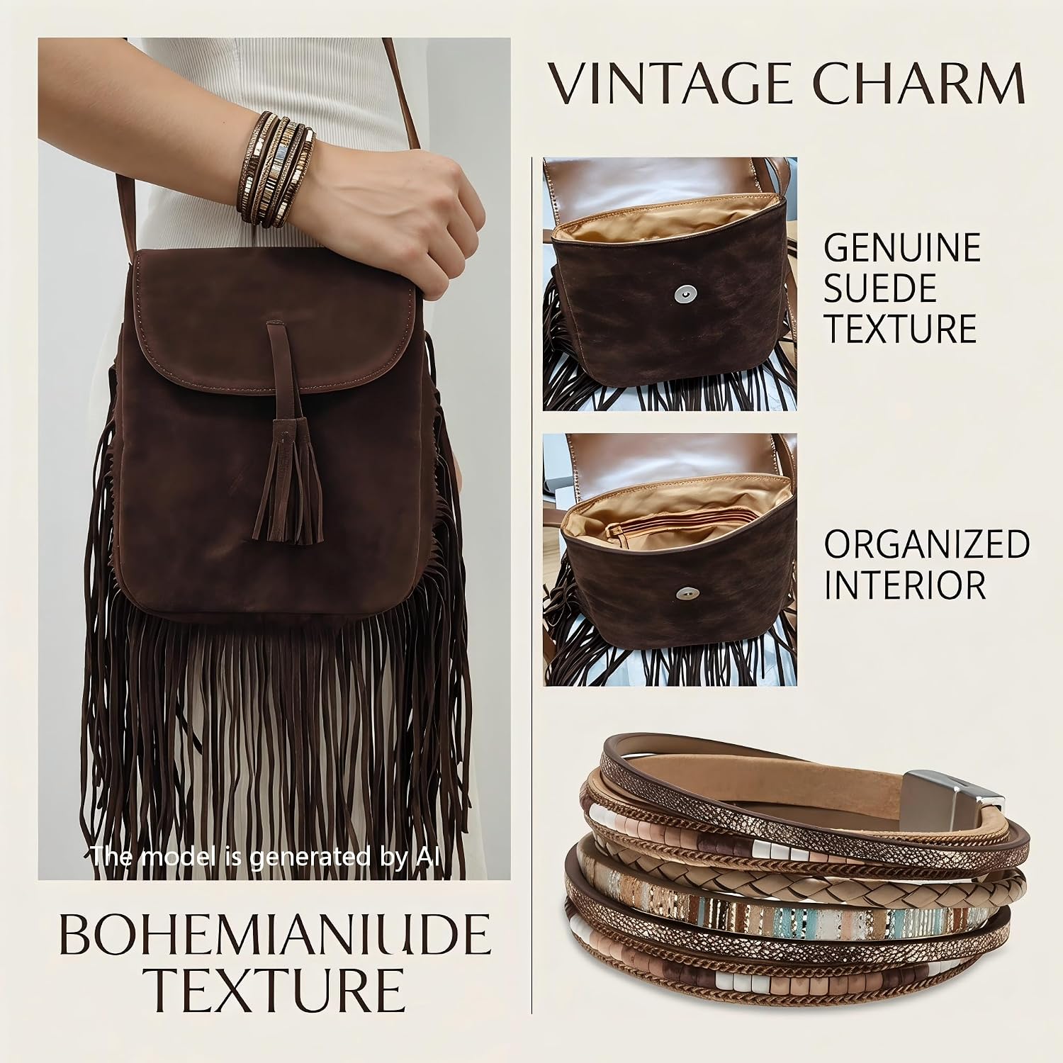 Fringe Bag and Leather Grunge Bracelet, Jewelry Gift Set for Women image 4