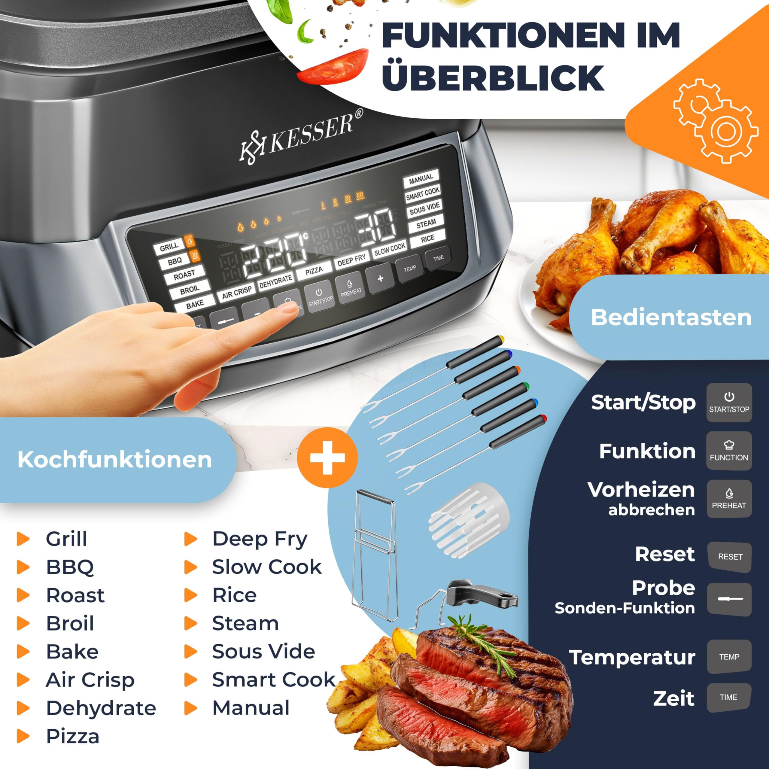 KESSER® Multikocher mit Heißluftfritteuse 8L & 16 Programme Küchengerät - Grillen, Backen, Schmoren, Dampfgaren Vorheiz- & Warmhaltefunktion Reiskocher Slow Cooker, Joghurtbereiter