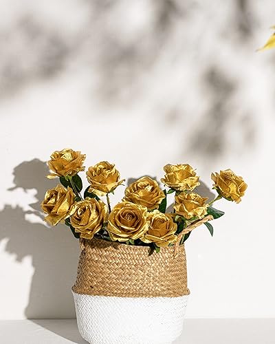 Miniatura 2 de DuHouse 10 rosas artificiales de seda, rosas artificiales para arreglos de boda, fiesta, decoración del hogar (dorado)