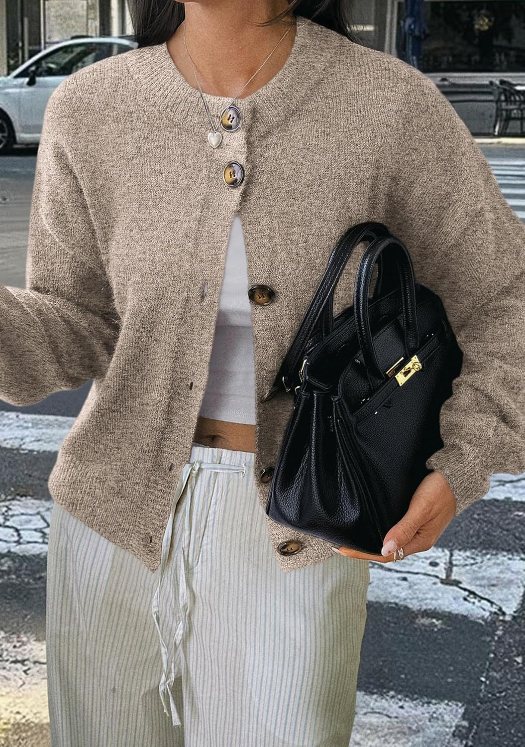 OMZIN Women Button Front Crewneck Autumn Cardigan Comfy Work Coat Knit Lightweight Long Sleeve Sweater