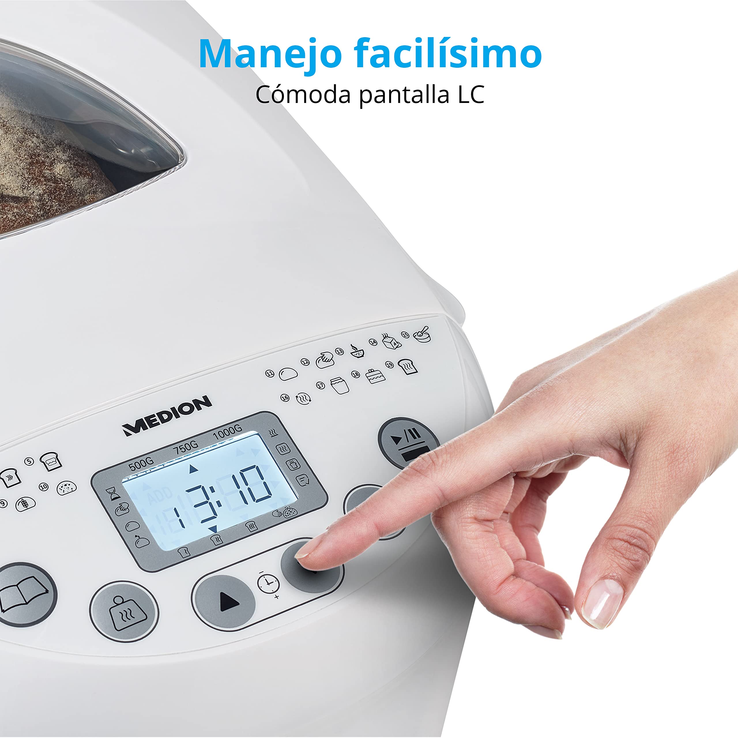MEDION Amasadora de pan (MD11011) 550W, robot de cocina para preparar pan con capacidad para 1 kg, robot con 19 programas, 3 niveles de tostado y conservación del calor
