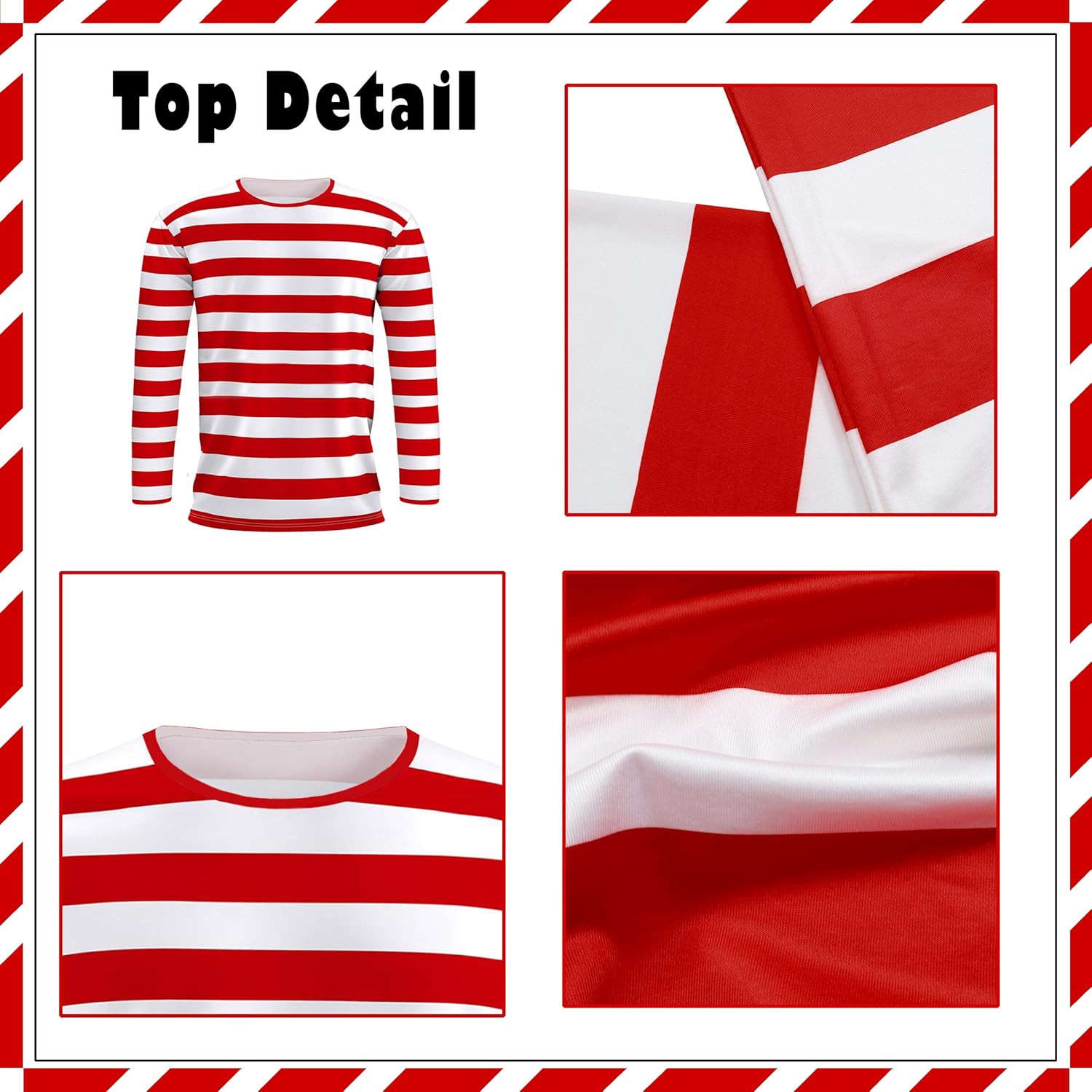 Mens Red White Stripe Costume T-Shirt Long Sleeve,Funny Halloween Glasses Hat Cosplay Costume - Image 4