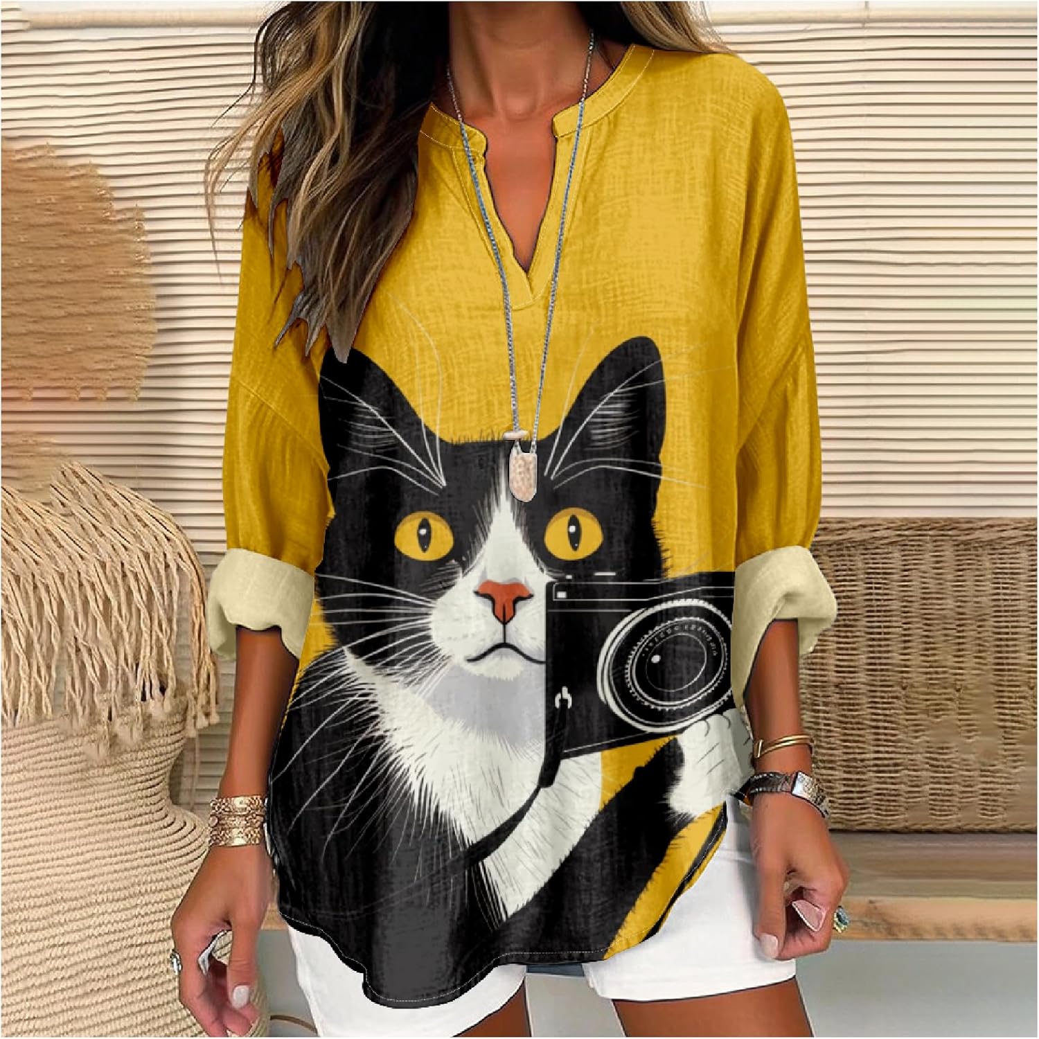 MARSVOVO Cat Shirts for Women Long Sleeve Cute Cat Pullover Graphic Novelty V Neck Blouse Oversized Funny Tunic Tops - Image 2
