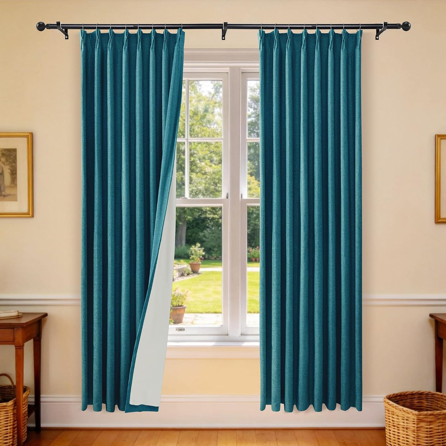 Etherealveil 100% Blackout Pinch Pleated Linen Curtains 2 Panels 52“x84”