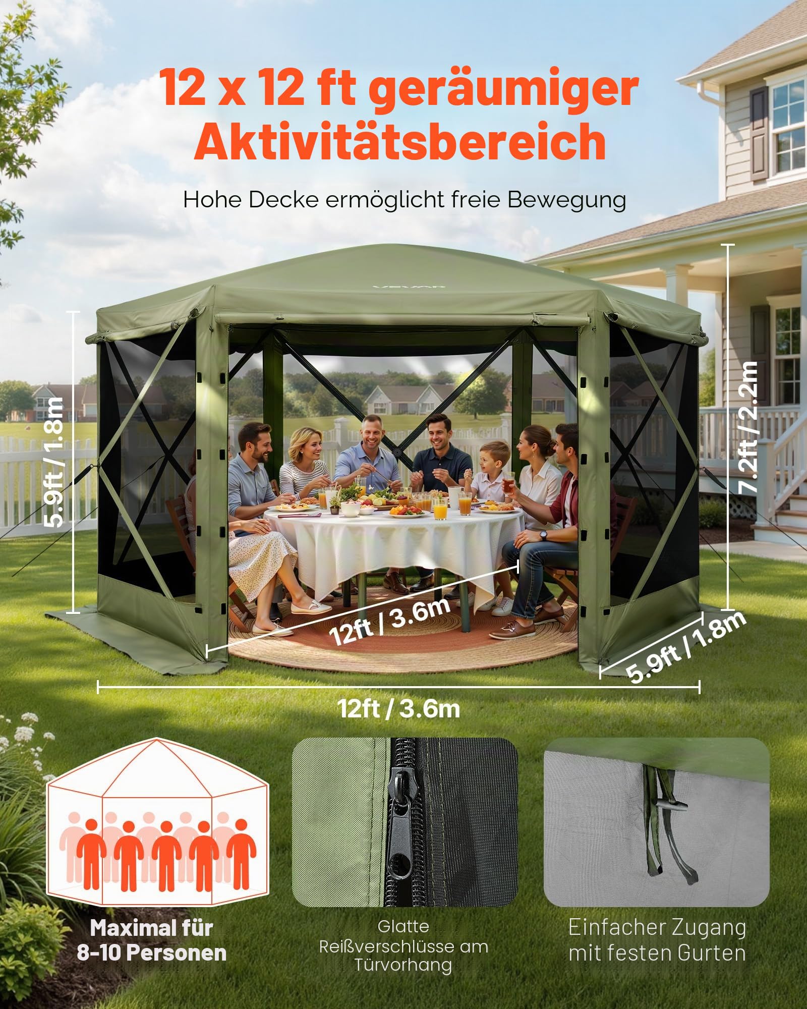 VEVOR Pop-up-Pavillon, 3,6x3,6 m, großes 6-seitiges Campingzelt mit abnehmbarem Dach & Tragetasche, Partyzelt, Sonnenschutz für 8-10 Personen, für Garten & Terrasse, Grün