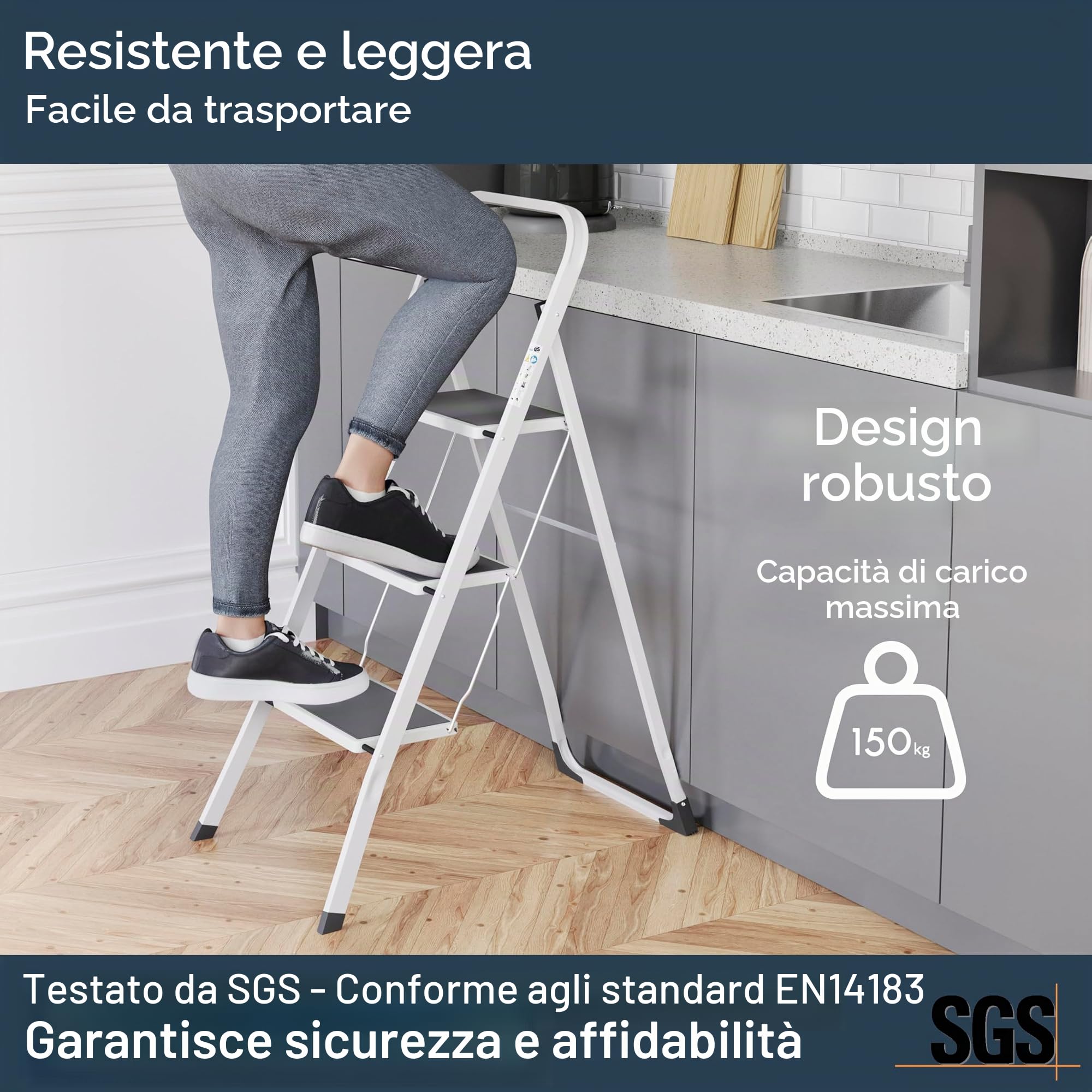 Home Discount 3 gradini, in Acciaio Resistente, Pieghevole, Portatile, con Tappetino Antiscivolo