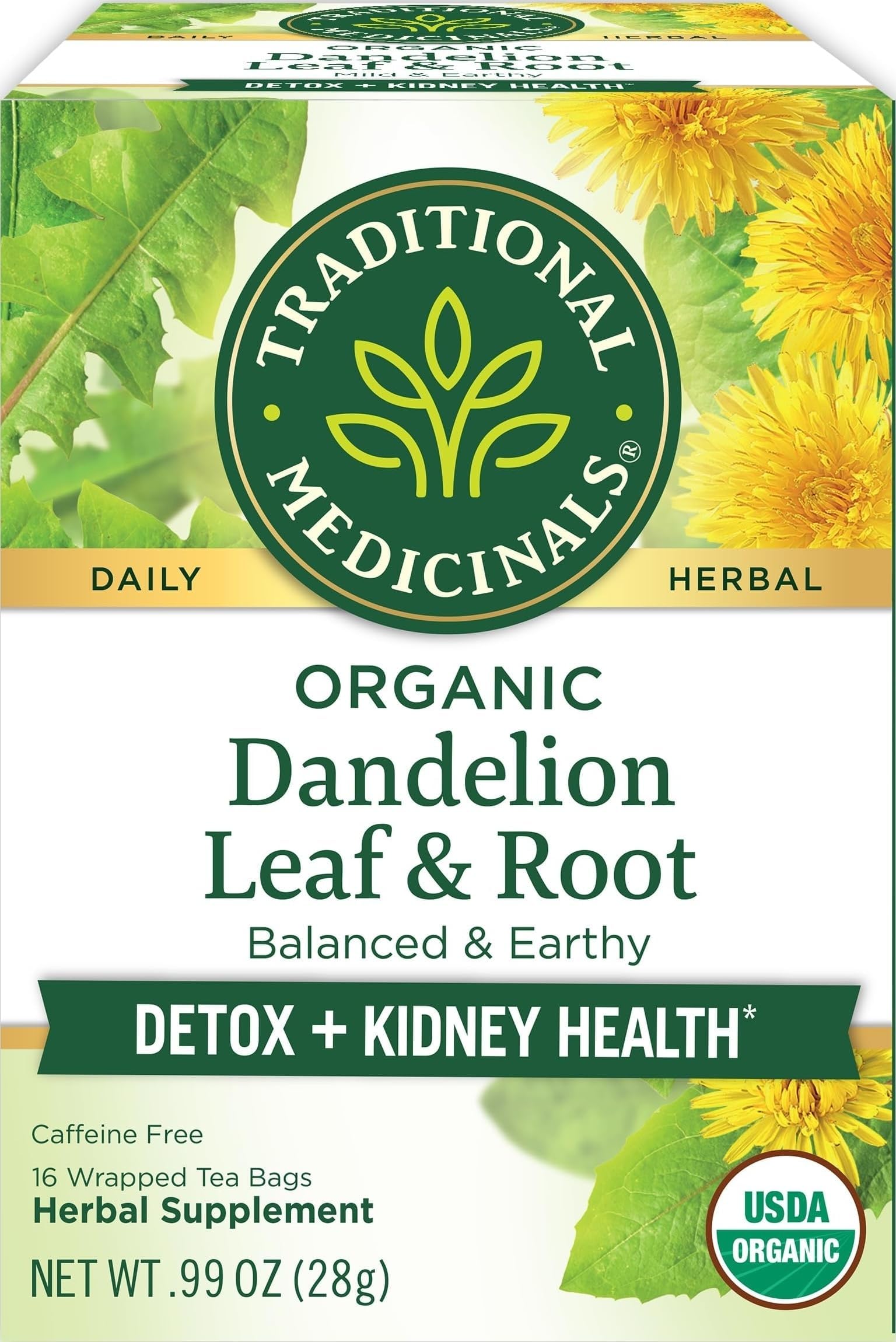 Traditional Medicinals Tea, Organic Dandelion Leaf & Root, Supports Kidney Function & Healthy Digestion, 16 Tea Bags