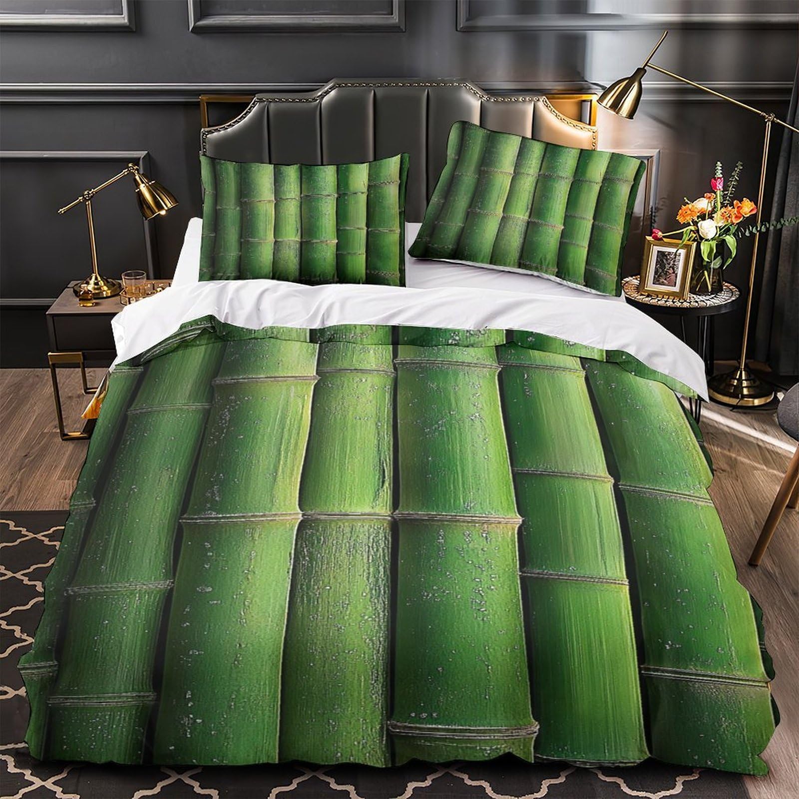 Green bamboo stalks 3D Pattern Quilt Cover 3pcs 100% Microfibre Anti-Fade Zip Natural vertical texture Duvet Cover 2 Pillowcases Breathable Easy Care Bedding Boys Girls Single（140x200cm）