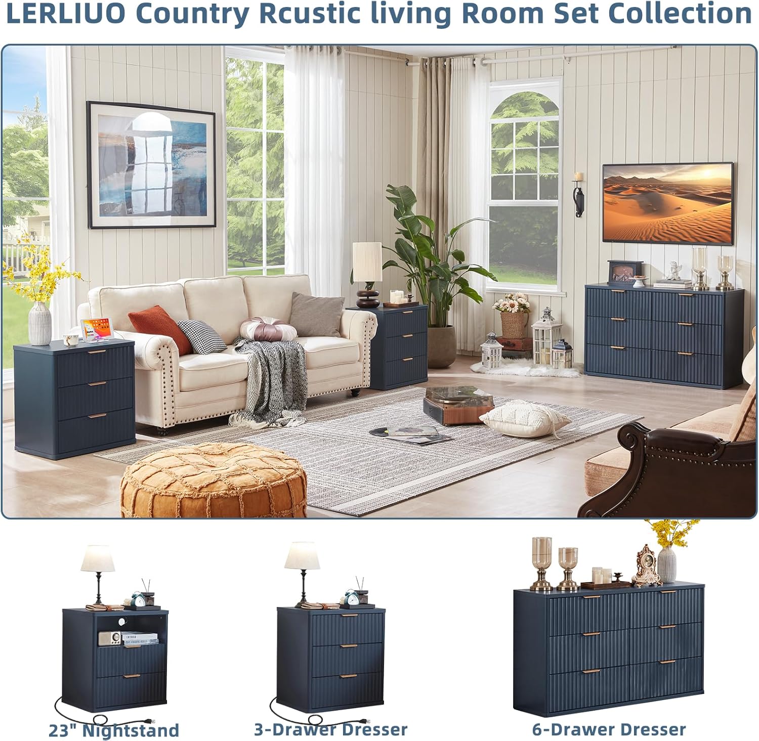 Lerliuo 3-Drawer Fluted Nightstand with drawers open, showcasing spacious storage.