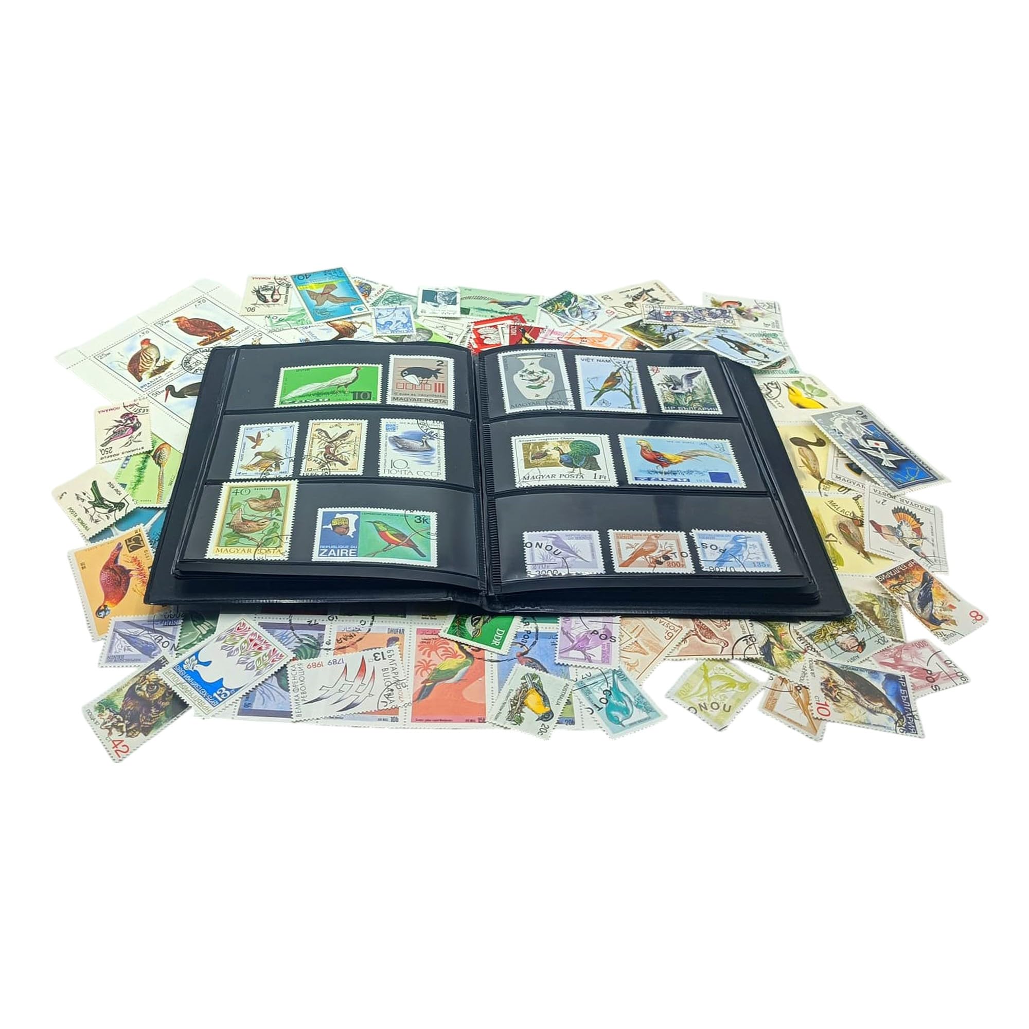 IMPACTO COLECCIONABLES – 100 Bird-Themed Stamps Collection with Included Album (5.5 x 7 x 0.4 in) | Enhance your philatelic collection with authentic postmarked stamps in a compact and elegant album