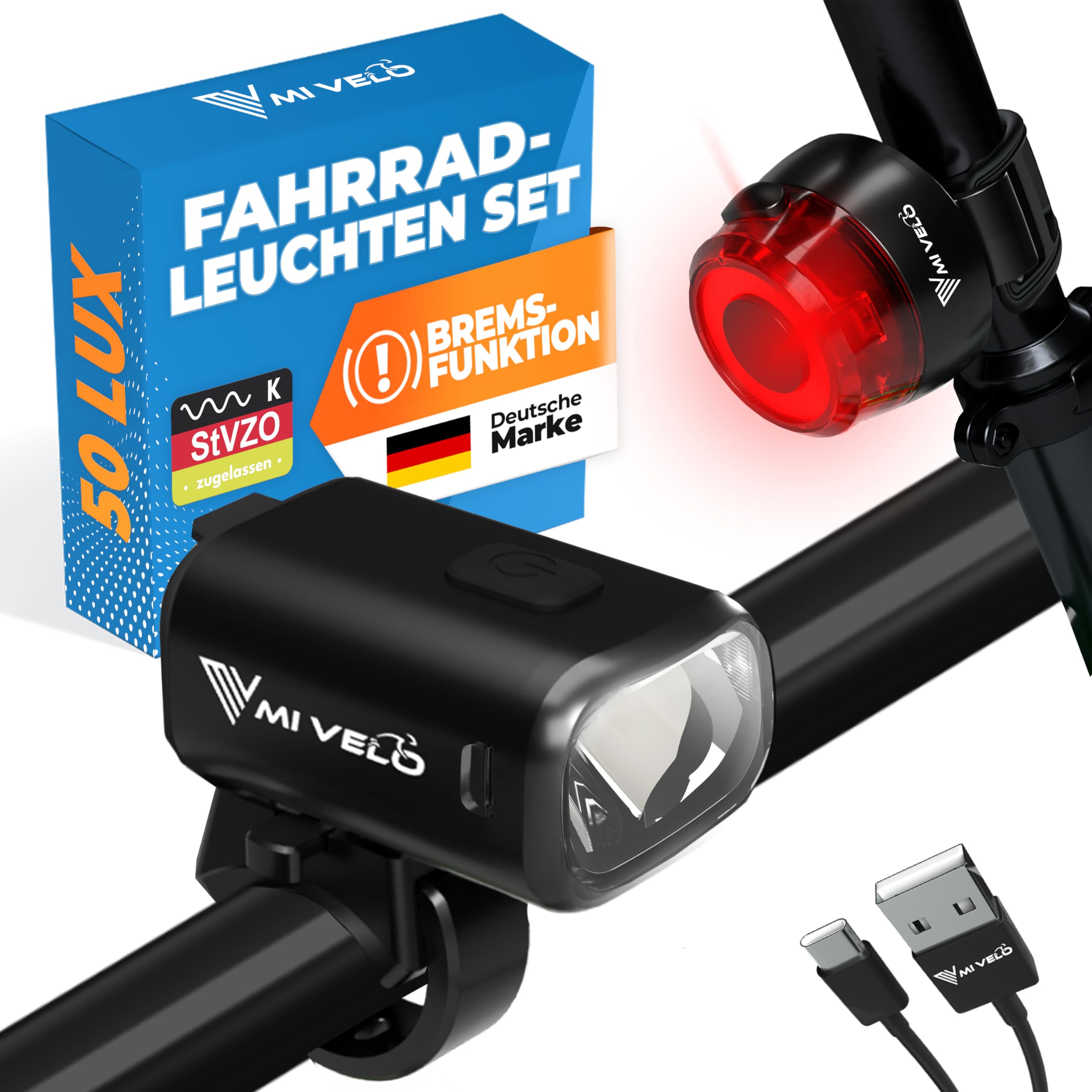 MIVELO Fahrradlicht Set mit Power-Akku, StVZO zugelassene Fahrradbeleuchtung USB aufladbar & wasserdicht, Fahrradlampe vorne & Fahrrad Rücklicht, Energieklasse A+++