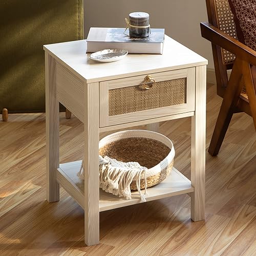 Miniatura 2 de SICOTAS Juego de 2 mesitas de noche blancas cajón decorativo de ratán con pomos de latón mesita de noche de madera mesas auxiliares bohemias con