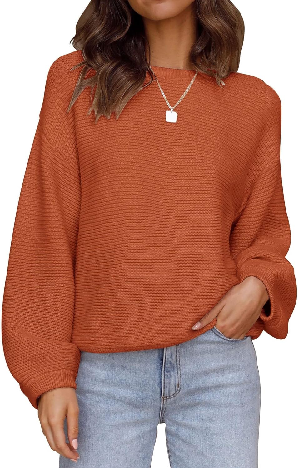 ZESICA Women's Crew Neck Long Lantern Sleeve Fall 2025 Casual Loose Ribbed Knit Solid Soft Pullover Sweater Tops
