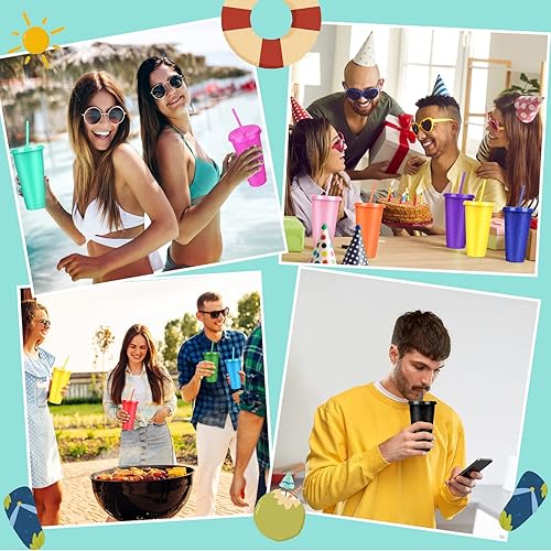 Vista 67 de Paquete de 24 vasos de plástico con tapas y popote, vasos reutilizables con tapas y pajillas, vasos coloridos para bebidas frías, café helado, vasos