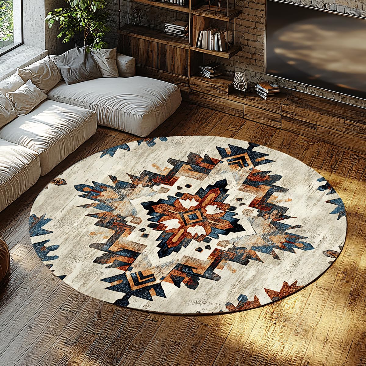 Tapis d'espace rond 240cm lavable style sud-ouest géométrique pour grand salon