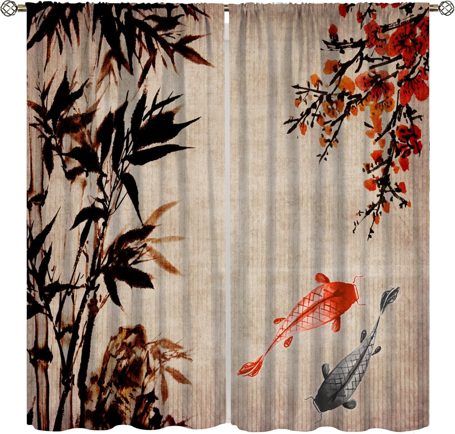Retro Koi Fish Curtains,Chinese Ink Painting Red Plum Blossom Bamboo Home Bedroom Living Room Kitchen Window Treatments Drapes 42x54 Inch