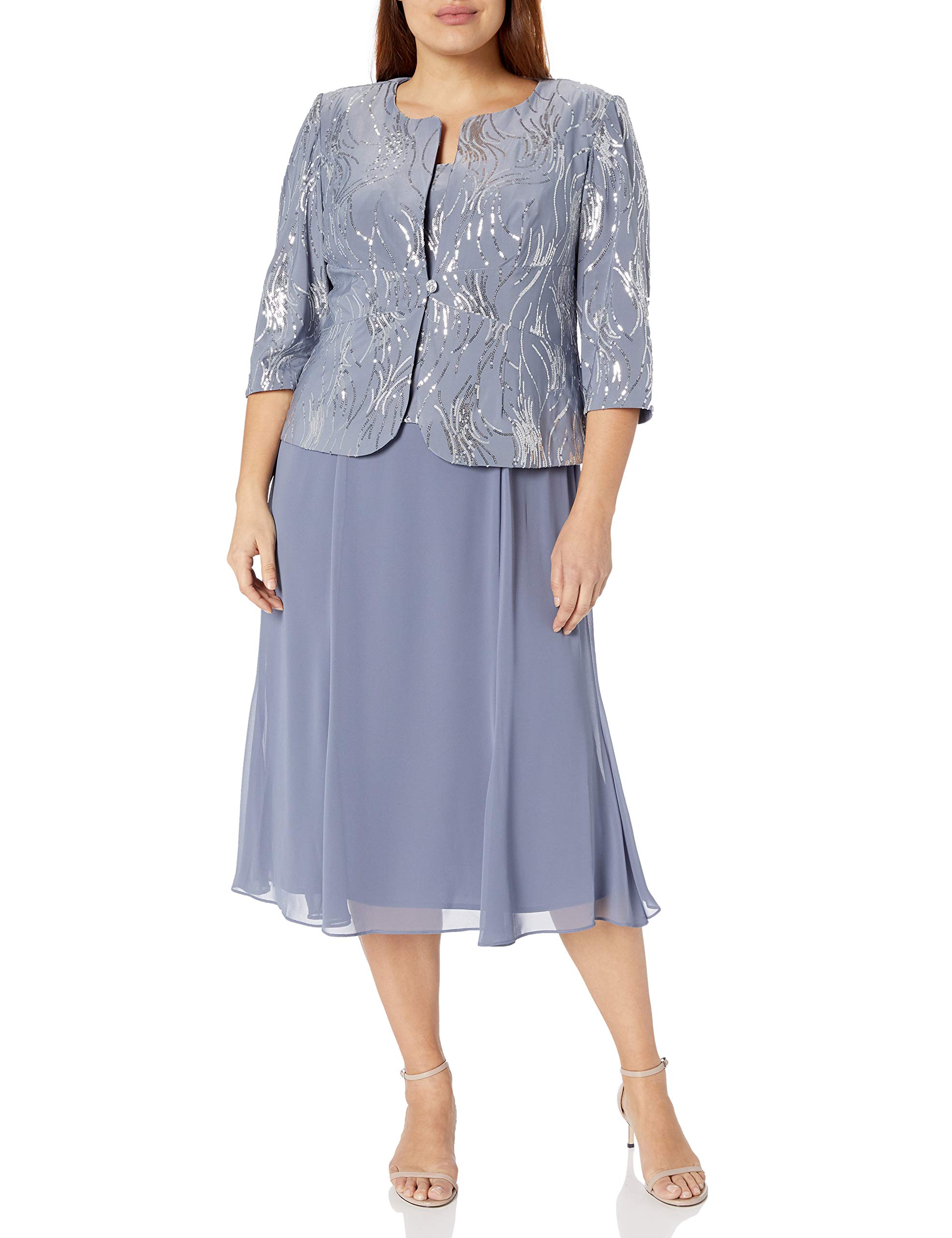 Alex Eveningswomens Plus Size Tea Length Button-front Jacket Special Occasion Dress, Steel Blue Plus, 14 Plus