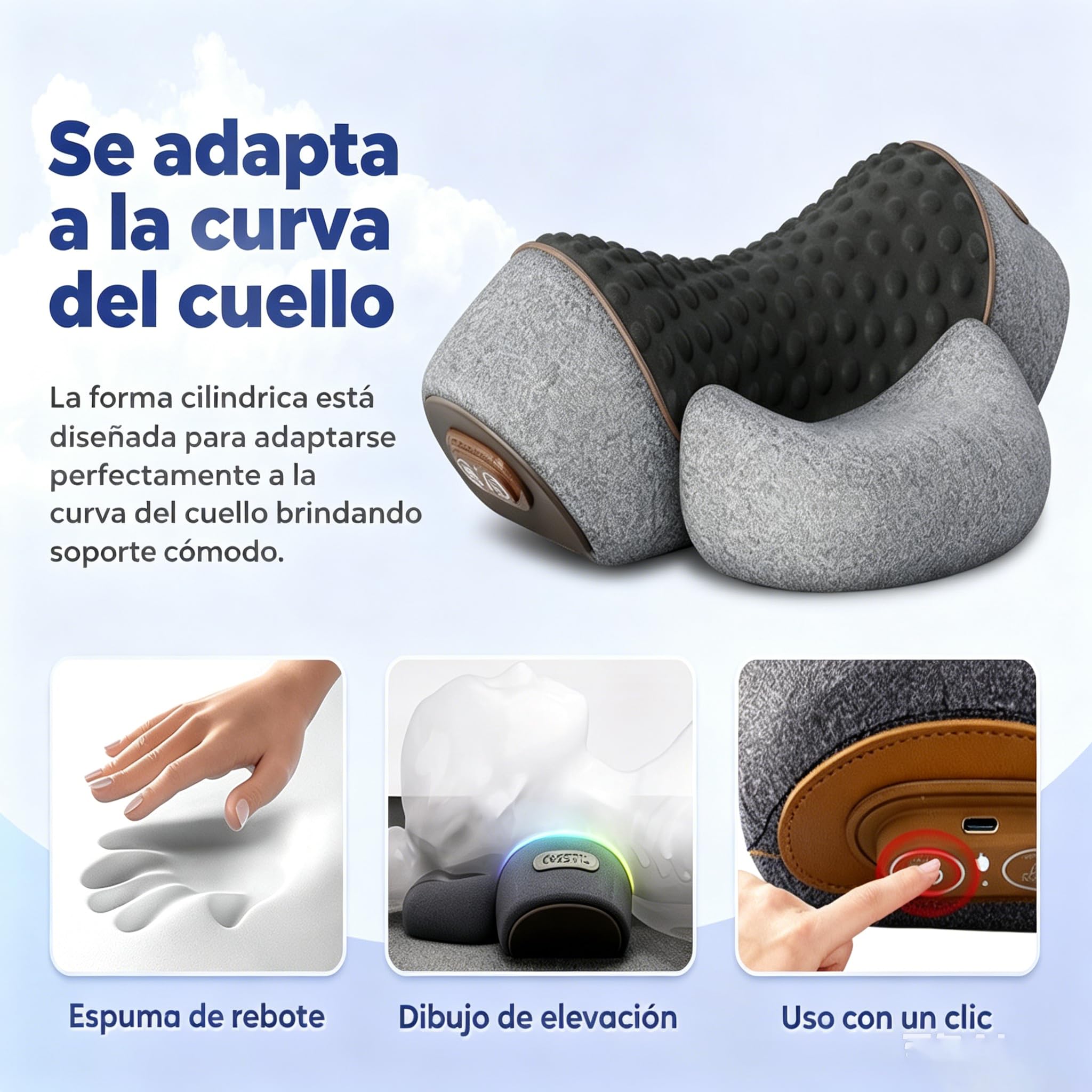 MEIION Qelara Almohada CerviFlex, Almohada Cervical de Masaje 3 en 1 | Térmica, de Espuma Viscoelástica Ergonómica, para Hombres y Mujeres, Alivia Dolor y Relaja