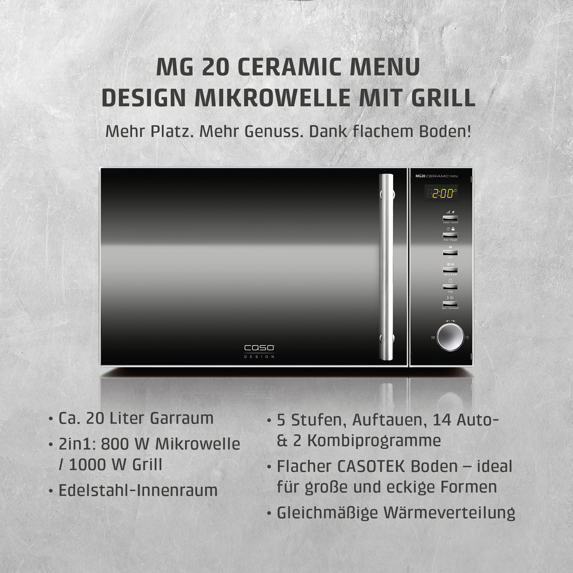 CASO MG20 Ceramic menu 2-in-1 Mikrowelle mit Grill 800 W 1000 W 20 L Edelstahl