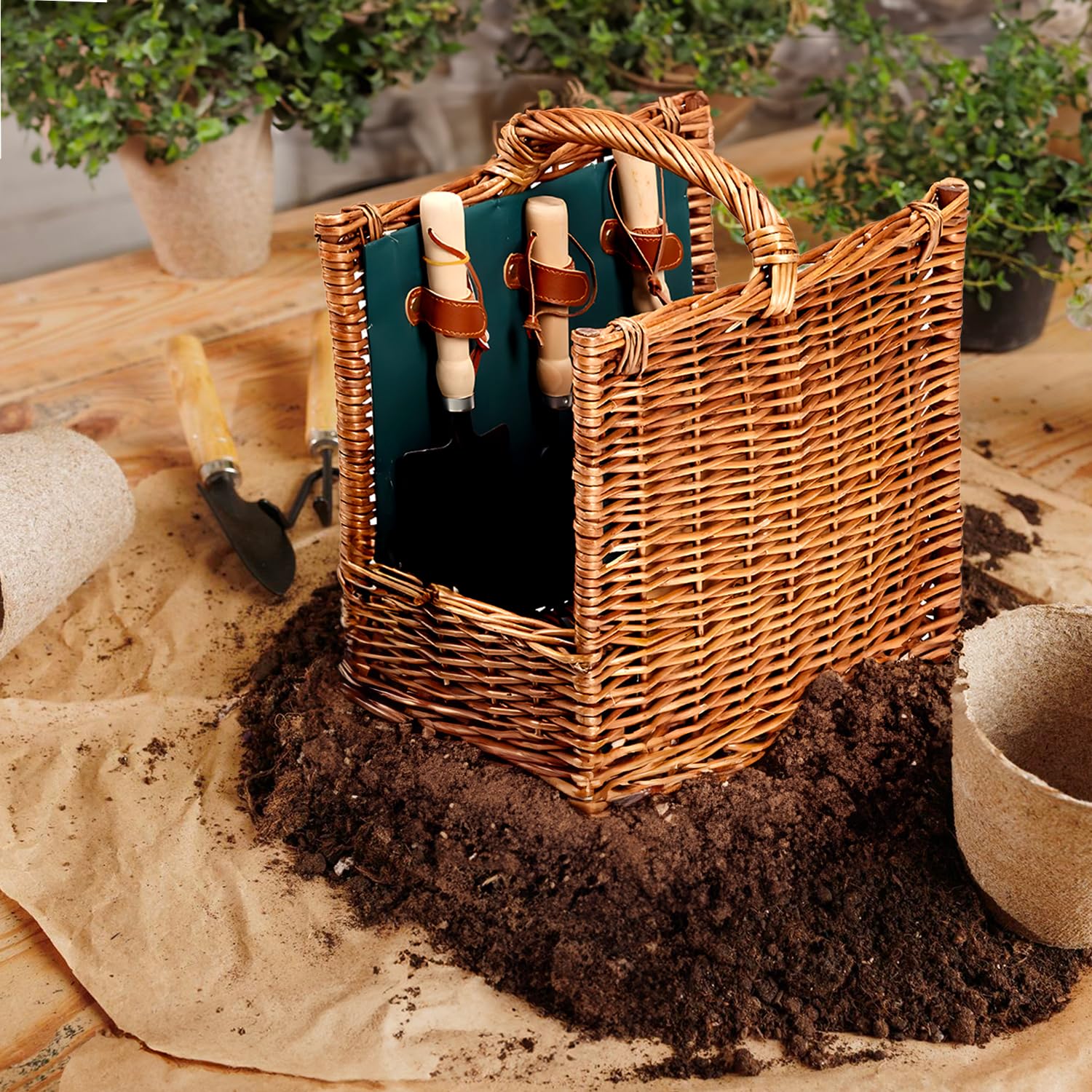 Avilia Set da Giardinaggio Ergonomico con Cesto in Vimini - Kit Completo di Attrezzi per Donna e Uomo, Accessori e Utensili Giardinaggio 35x22x29cm, Idea Regalo Perfetta