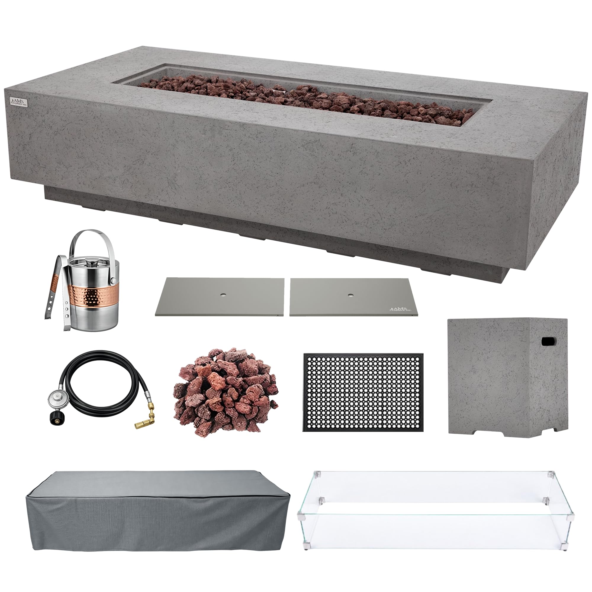 AMS 72" Rectangular Concrete Propane Gas Fire Pit Table Bundle, Light Gray