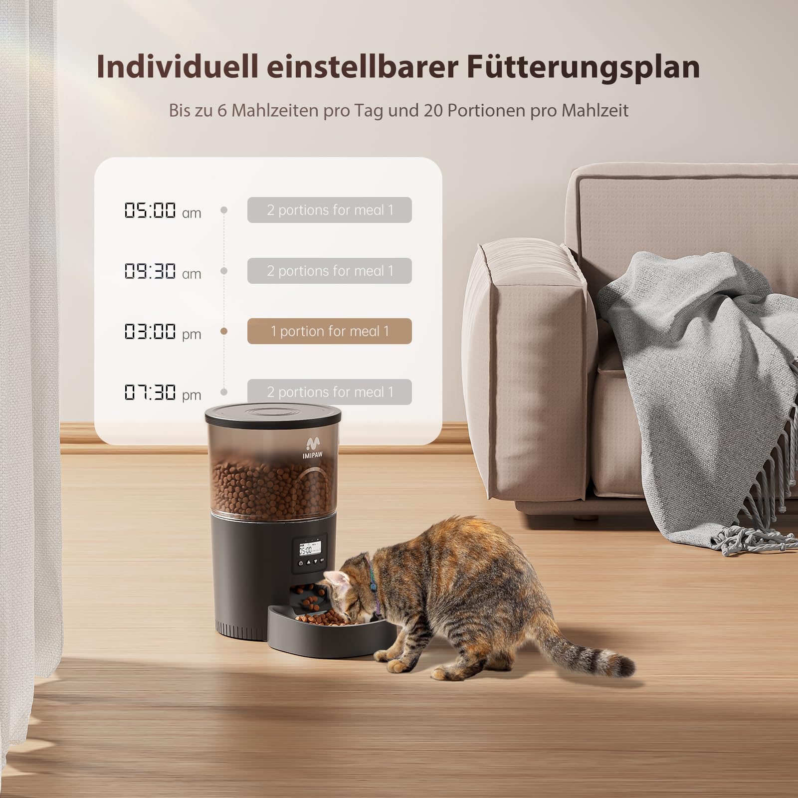IMIPAW Futterautomat Katze, Katzenfutter Automat mit Programmierbarem Timer, Einfache Bedienung, 1-6 Mahlzeiten pro Tag, Futterspender für Katzen und Hunde (Schwarz, 3L)