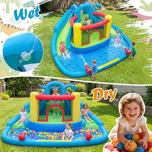 Vista 6 de BOUNTECH Tobogán acuático inflable, estilo dinosaurio, parque de toboganes dobles con casa de rebote, castillo de salto con 2 cañones de agua