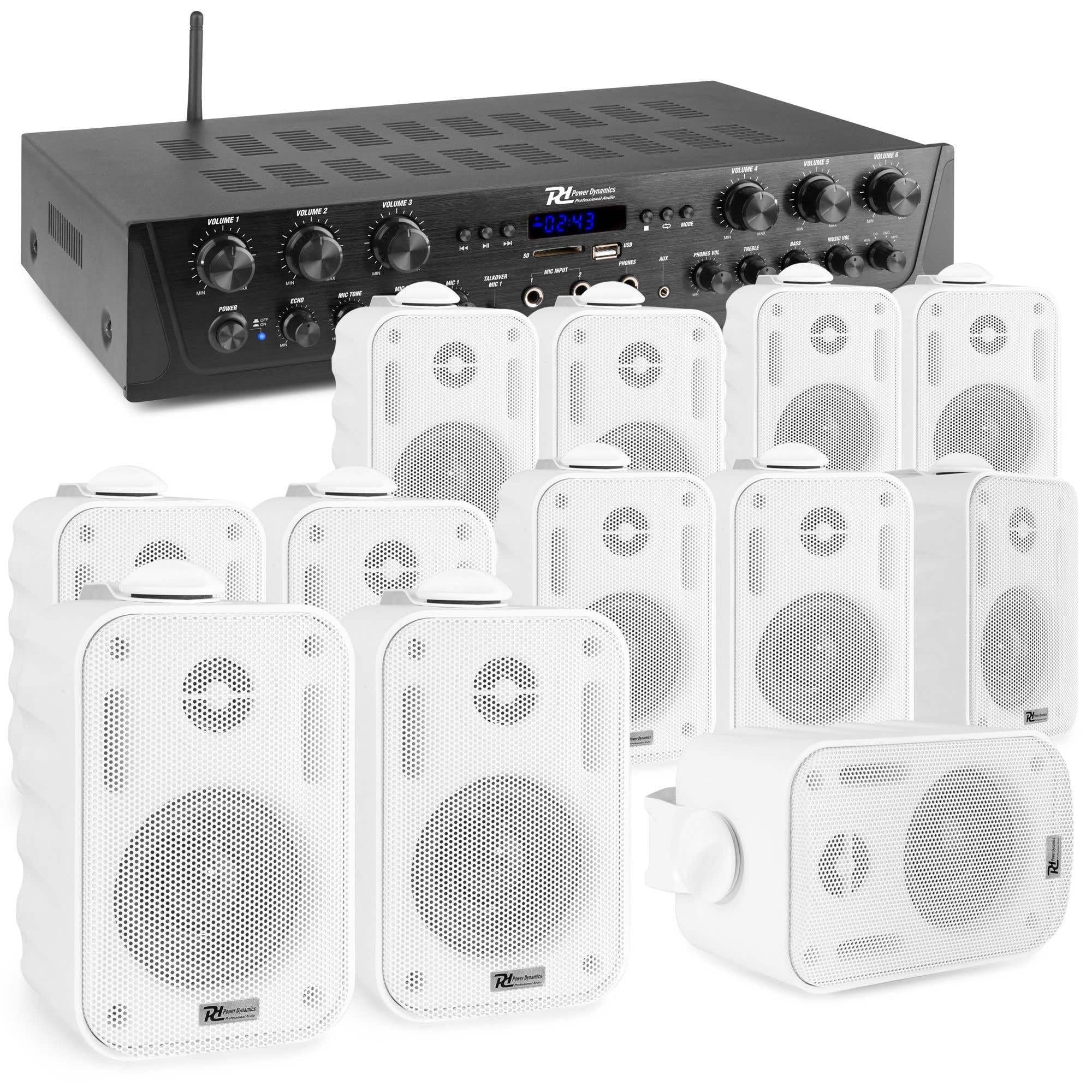 Power Dynamics Pack Sistema de Sonido 6 Zonas con Amplificador Bluetooth 600W, 12 Altavoces Blancos IPX5, MP3, Radio FM, 6 Salidas Independientes y Mando, Ideal para Hogar, Oficinas y Negocios