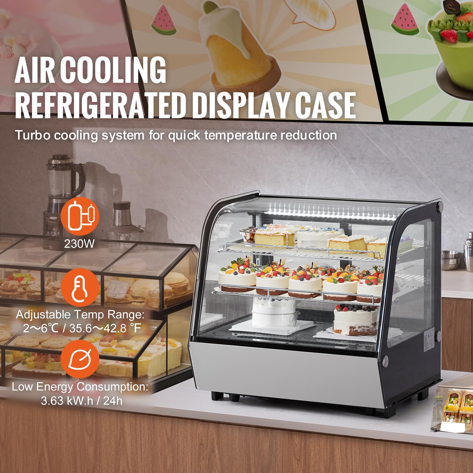 Happybuy 4.2 Cu.Ft/115L Countertop Pastry Display Case, 2-Tier Commercial Refrigerator with LED Lighting, TURBO Cooling, Frost-Free Air-Cooling for Bakery