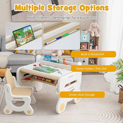 Miniatura 2 de Costzon Juego de mesa y silla para niños, escritorio de actividades de plástico con pizarra blanca, bolígrafos de acuarela, borrador de pizarra y