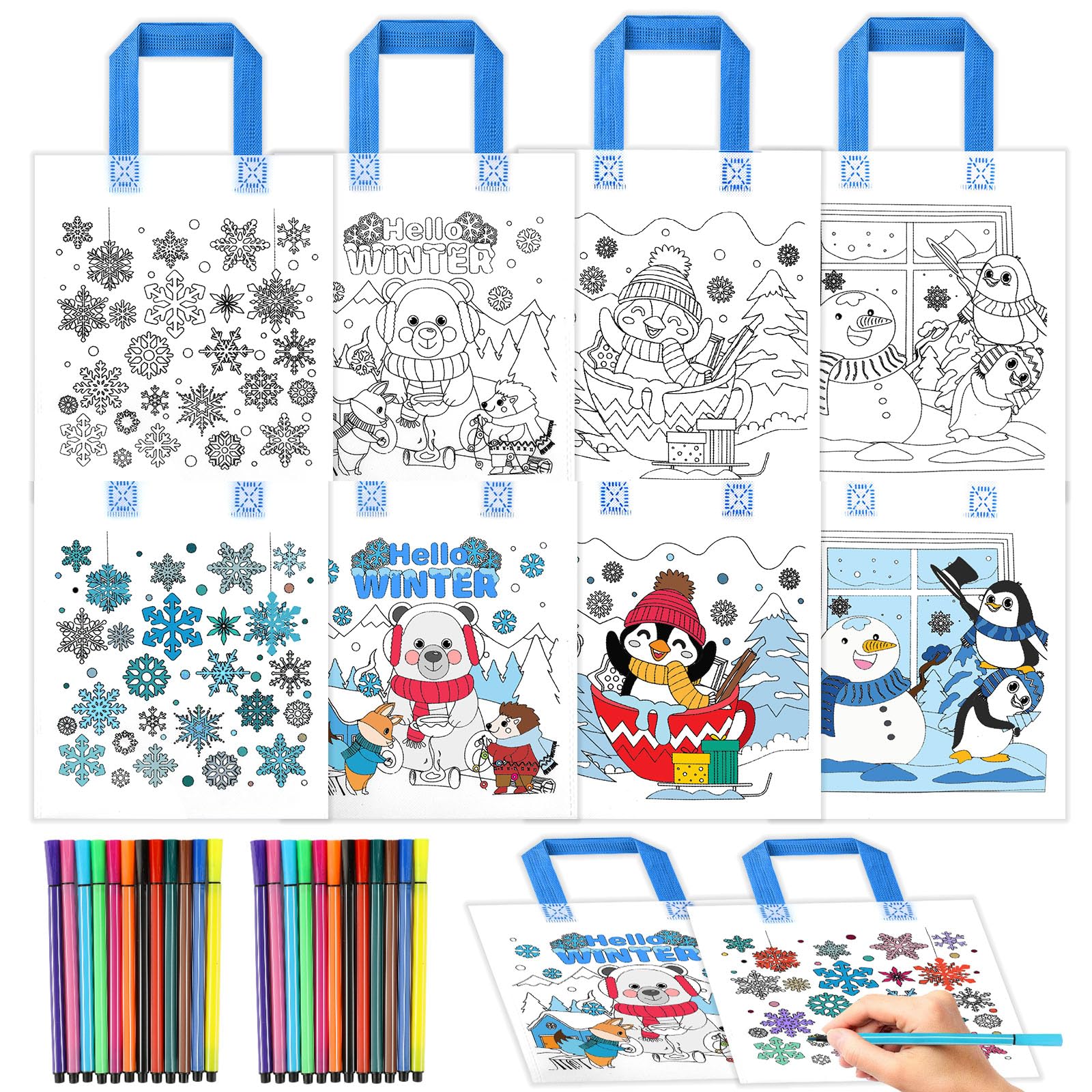 HOWAF 12PCS Colour Your Own Christmas Bags, Coloring Snowflake Christmas Party Bag DIY Graffiti Gift Bags, Non-Woven Xmas Gift Bag & 24 Pens for Xmas Crafts Gifts, Winter Party Decorations, C — image 1