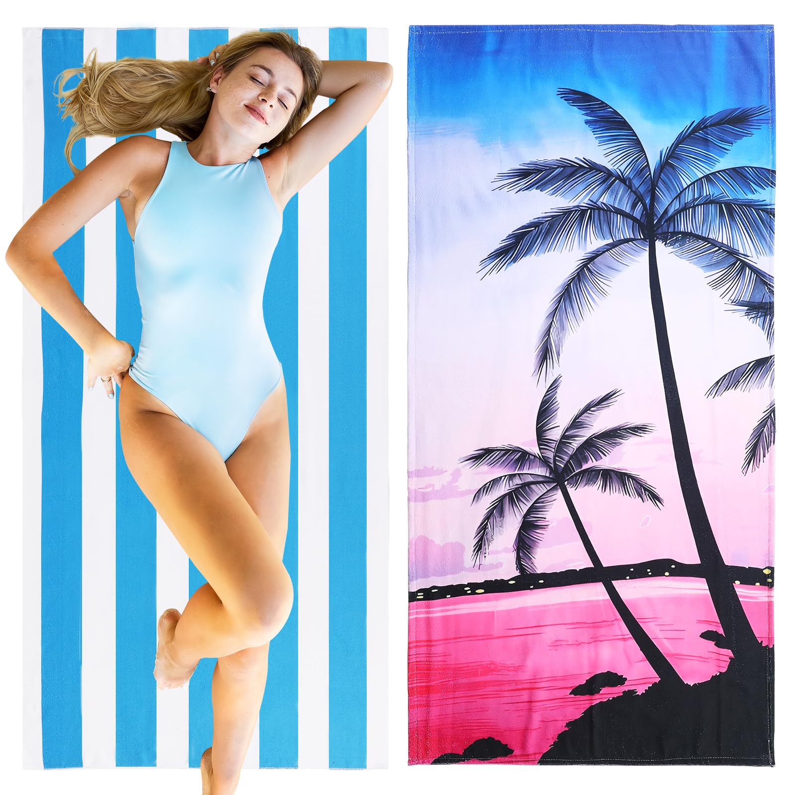 VZZNN 2Pcs Large Microfibre Beach Bath Towel, Quick Dry Microfibre, 100% Recycled Towel, Sand Free, Compact