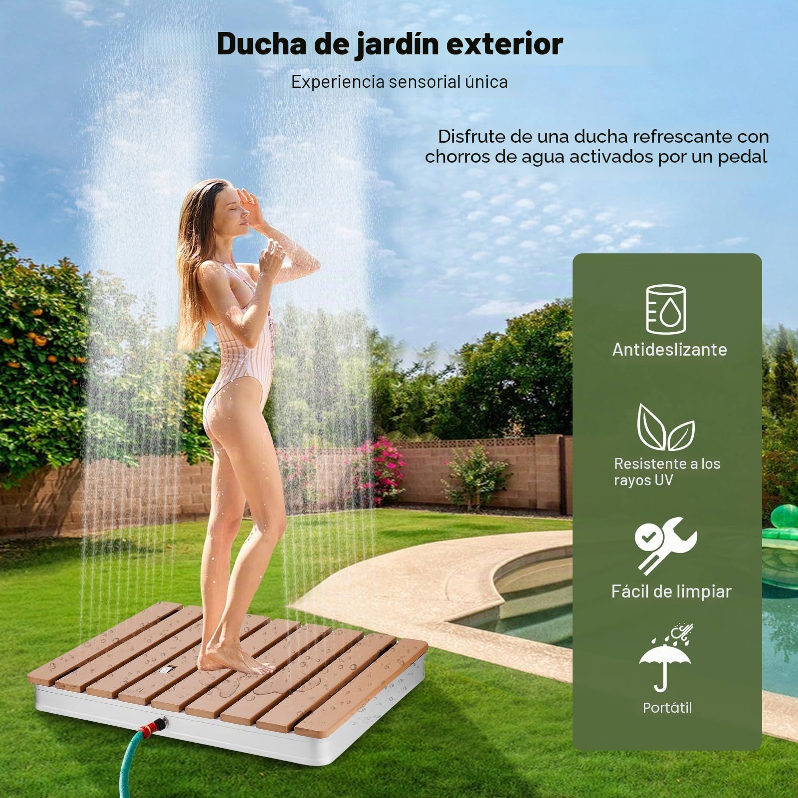 Ducha de jardín, Ducha Exterior, Ducha de Suelo, portátil – Altura del Chorro Regulable y Rueda de pie para ducharse y Jugar con el Agua, Antideslizante