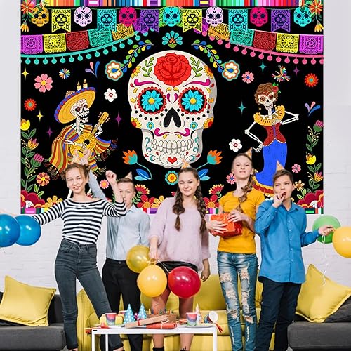 Miniatura 4 de Mocsicka Telón de fondo del Día de los Muertos, 7 x 5 pies, diseño de calavera de azúcar mexicana, fondo de fotografía de Dia DE Los Muertos,