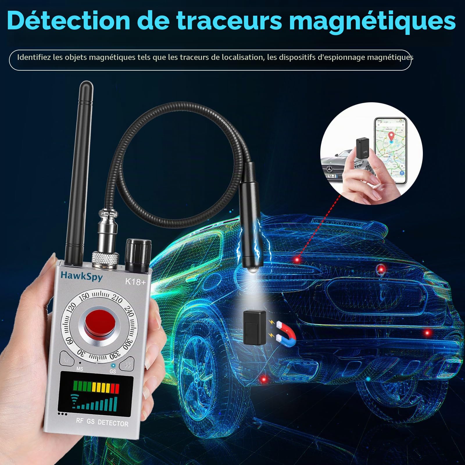 Détecteur de Caméras et Appareils Cachés, Scanner de Traceurs GPS et Sources de Signaux | Alerte Sonore et Vibration | Protection de la Vie Privée Portable (Argent)