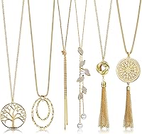 HAIAISO 6PCS Long Statement Necklaces for Women - Tassel Circle Bar Leaf Feather Layered Y-Necklace Set Hypoallergenic Alloy