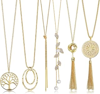 HAIAISO 6PCS Long Statement Necklaces for Women - Tassel Circle Bar Leaf Feather Layered Y-Necklace Set Hypoallergenic Alloy